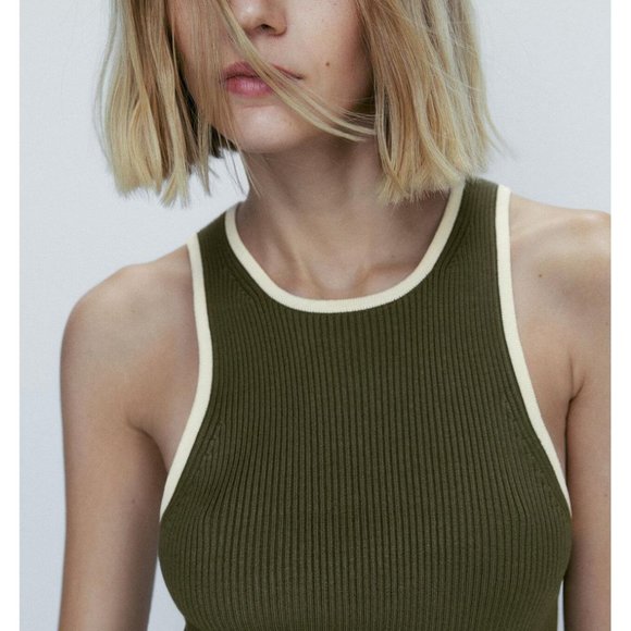 NWT Massimo Dutti Contrast Ribbed Knit Top in Green - Picture 6 of 6
